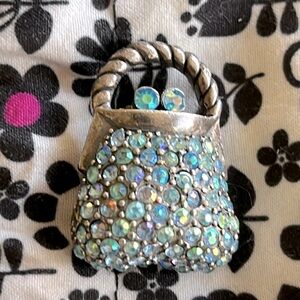 -Vintage Blue Crystal and Silver Purse Brooch